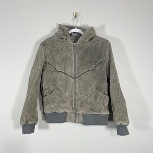 VTG Berman's Suede Bomber Jacket Womens Medium Gray Western Hood Sherpa Lined